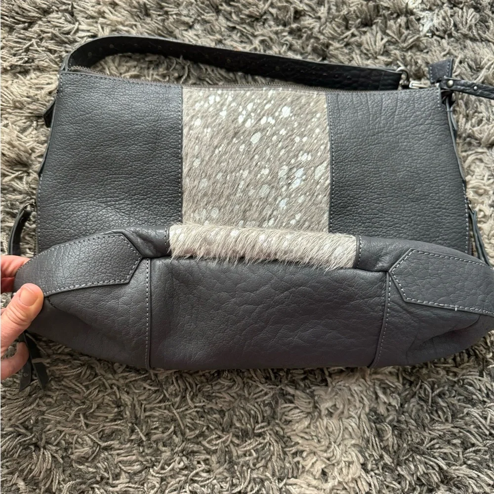 Bella by Sharif Gray Leather Hobo Bag with Cowhide Detail - Picture 9 of 14